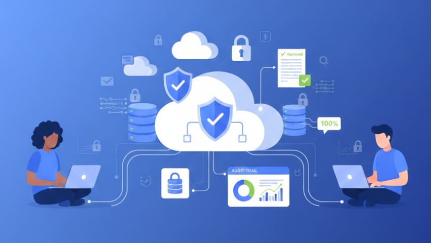 Illustration showing remote GCP consultants ensuring cloud compliance, with secure cloud infrastructure, shield and lock icons, audit dashboards, and data protection visuals.