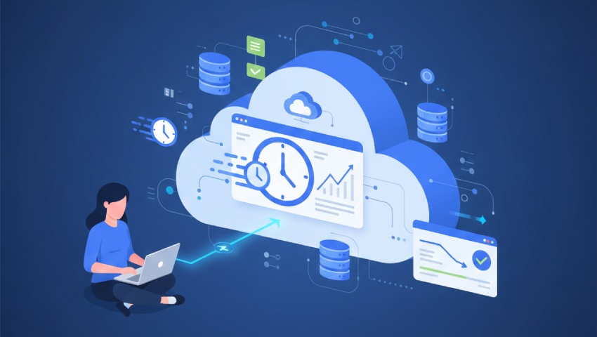 Illustration of remote GCP consulting showing a consultant working on a laptop with cloud dashboards, clock icons, and data flows representing time efficiency and faster cloud operations.