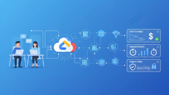 Modern blue illustration showing remote GCP consulting with cloud architecture, Google Cloud icons, and dashboards highlighting cost savings, time efficiency, and compliance, with consultants collaborating remotely.