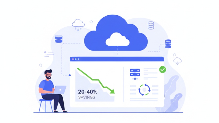 Illustration of remote GCP consulting showing cloud infrastructure optimization, a cost dashboard with 20–40% savings, autoscaling icons, and a consultant working remotely to reduce cloud costs.